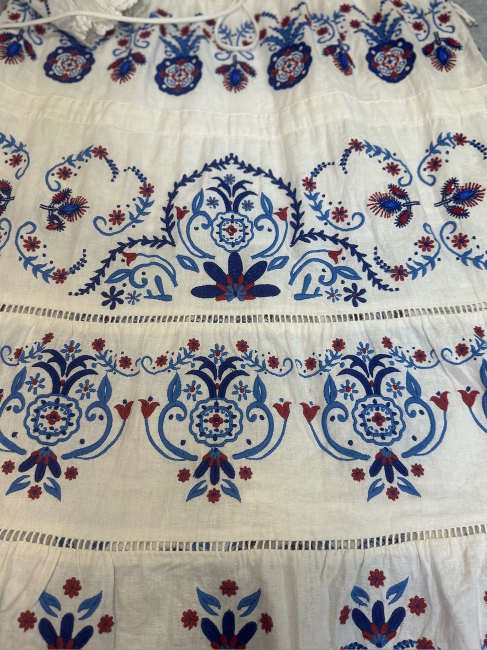 Farm Rio Linen Blend Embroidered Midi White Navy Boho Peasant Artsy Dress XL - Picture 9 of 16